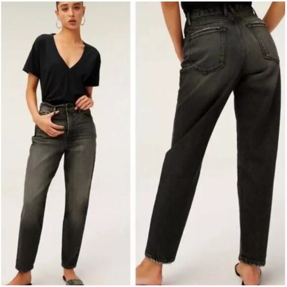 NWT Good American Good Mom Tapered Leg Jeans Women's Size 6 / 28 Black Distress - Picture 2 of 12